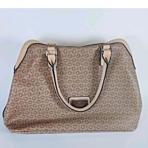 GUESS Beige Monogram Satchel with Cream Trim